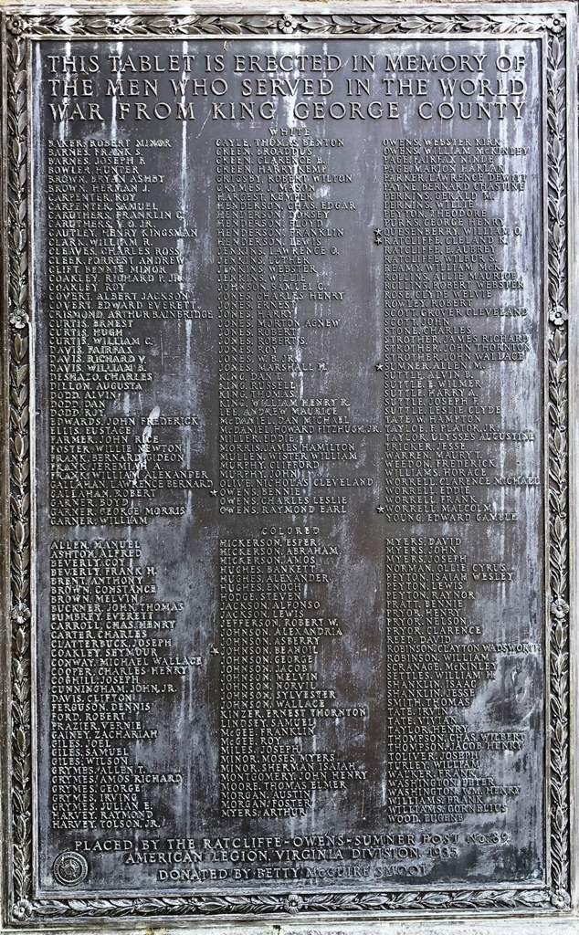 KING GEORGE COUNTY WORLD WAR MEMORIAL PLAQUE