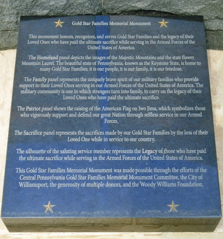 WILLIAMSPORT GOLD STAR FAMILIES MEMORIAL MONUMENT PLAQUE