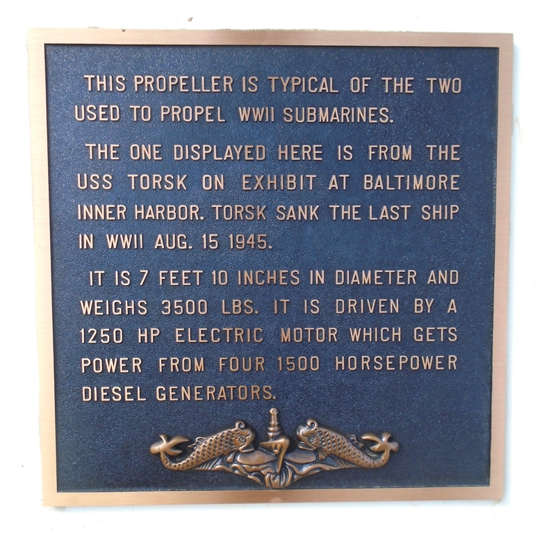 USS TORSK WAR MEMORIAL PROPELLER PLAQUE