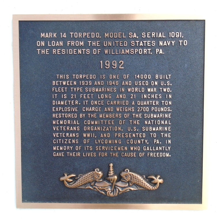 MARK 14 TORPEDO, MODEL SA, SERIAL 1091 MEMORIAL PLAQUE