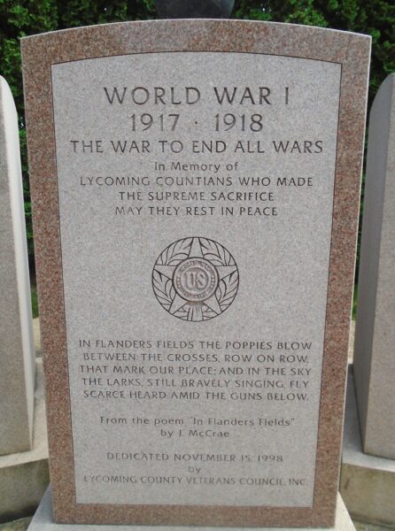 LYCOMING COUNTIANS WORLD WAR SUPREME SACRIFICE MEMORIAL STONE A