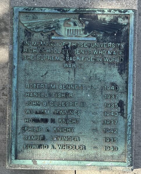 UNIVERSITY HIGH SCHOOL SUPREME SACRIFICE WORLD WAR II MEMORIAL PLAQUE