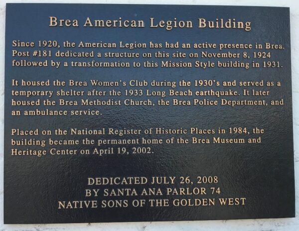 BREA AMERICAN LEGION BUILDING MEMORIAL PLAQUE