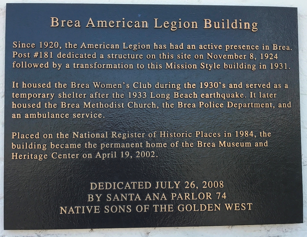 BREA AMERICAN LEGION BUILDING MEMORIAL PLAQUE
