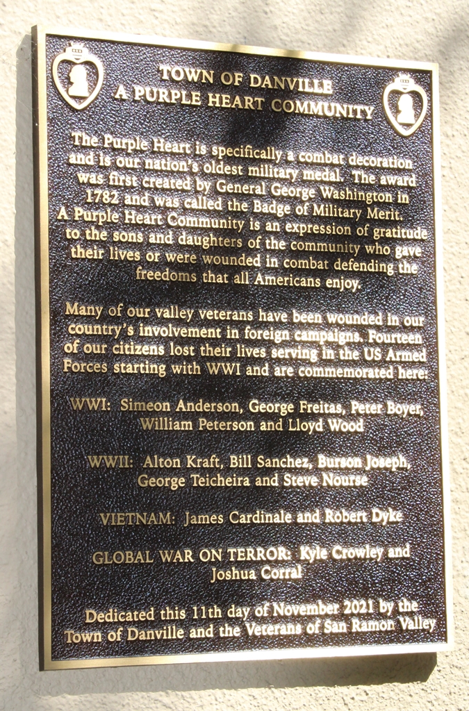 TOWN OF DANVILLE A PURPLE HEART COMMUNITY MEMORIAL PLAQUE