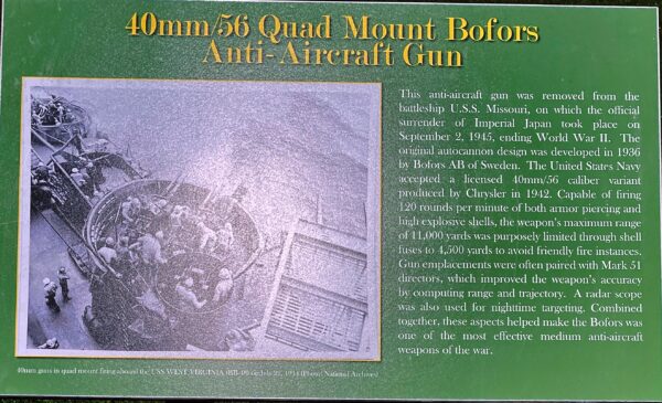 40MM/56 QUAD MOUNT BOFORS ANTI-AIRCRAFT GUN MEMORIAL PLAQUE
