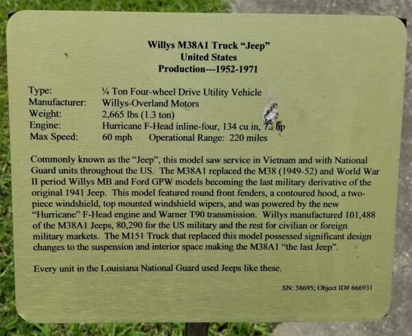WILLYS M38A1 TRUCK “JEEP” MEMORIAL PLAQUE