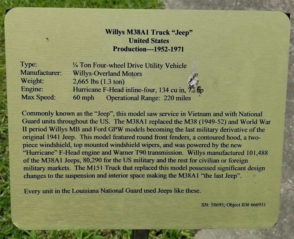 WILLYS M38A1 TRUCK “JEEP” MEMORIAL PLAQUE