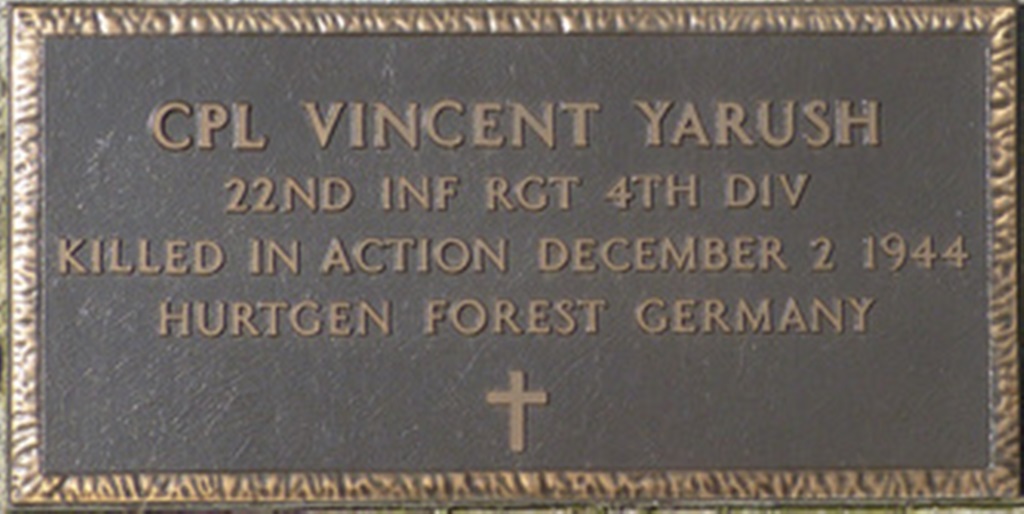 CPL VINCENT YARUSH WAR MEMORIAL CEMETERY STONE
