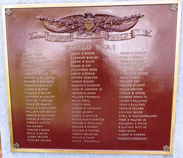 BELCHERTOWN HONOR ROLL WAR MEMORIAL PLAQUE B