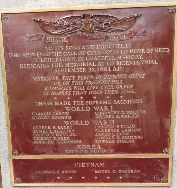 BELCHERTOWN HONOR ROLL WAR MEMORIAL PLAQUE A