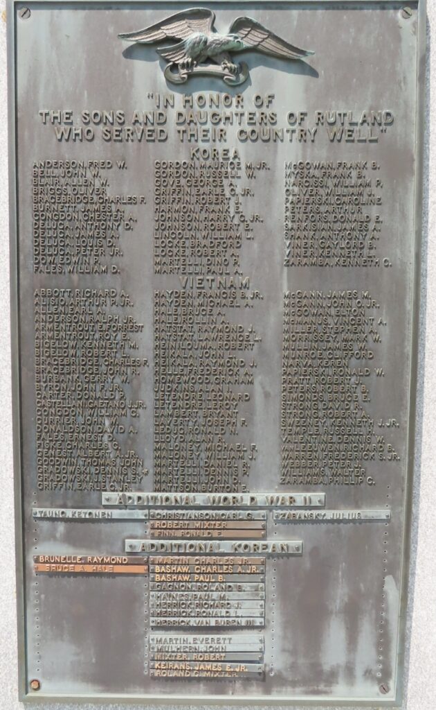 RUTLAND VETERANS MEMORIAL PLAQUE B