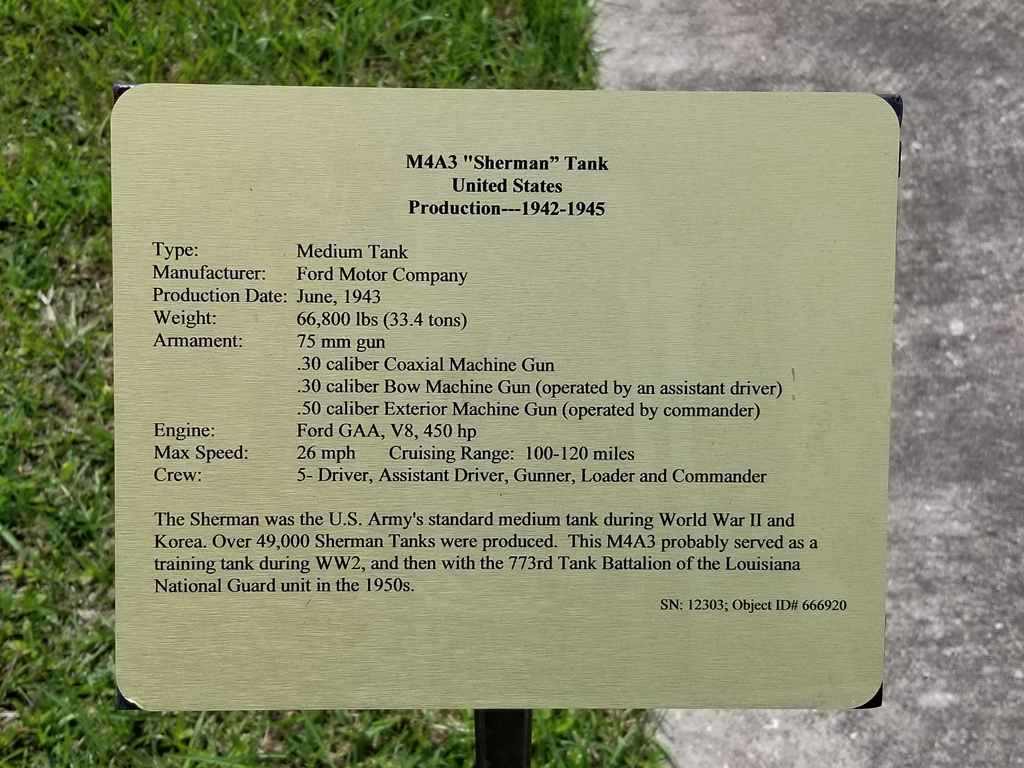 M4A3 “SHERMAN” TANK UNITED STATES WAR MEMORIAL PLAQUE PINEVILLE