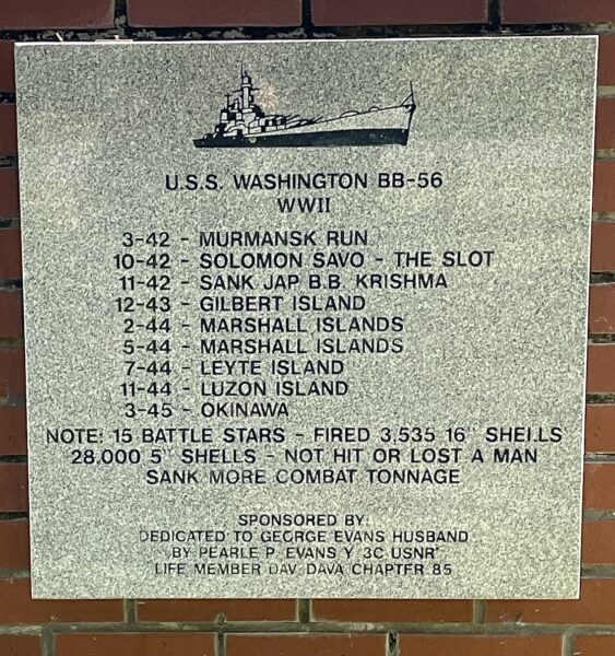 U.S.S. WASHINGTON BB-56 WWII MEMORIAL TABLET