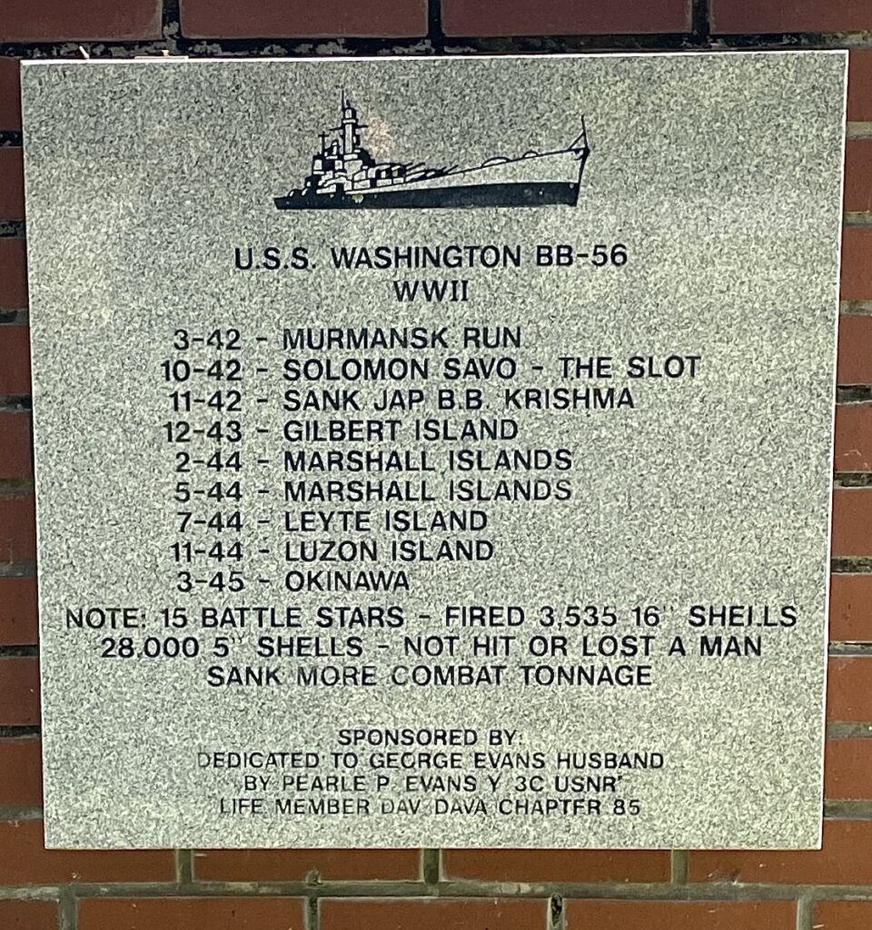 U.S.S. WASHINGTON BB-56 WWII MEMORIAL TABLET