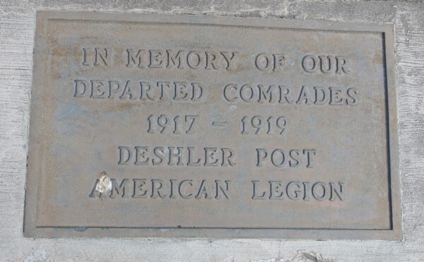 DESHLER POST AMERICAN LEGION WAR MEMORIAL FLAGPOLE PLAQUE