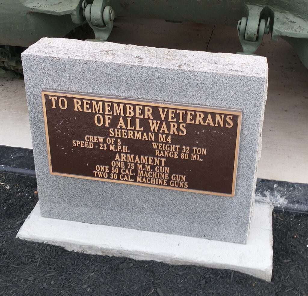 TO REMEMBER VETERANS OF ALL WARS SHERMAN M4 MEMORIAL PLAQUE