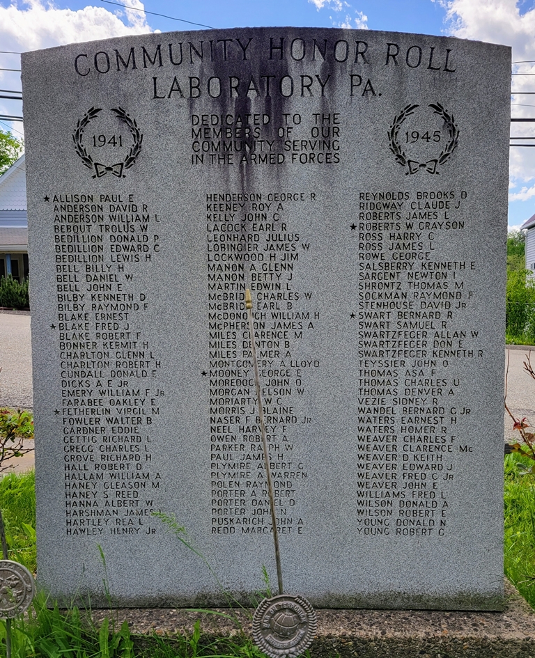 LABORATORY PA. COMMUNITY HONOR ROLL MEMORIAL BACK