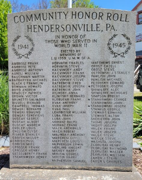 HENDERSONVILLE,K PA. COMMUNITY HONOR ROLL WAR MEMORIAL
