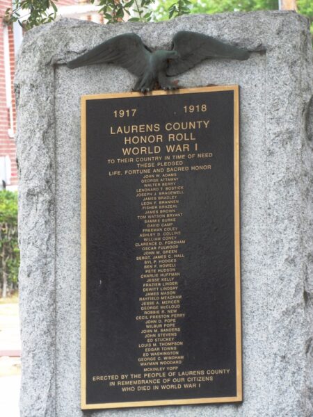 LAURENS COUNTY HONOR ROLL WORLD WAR I MEMORIAL