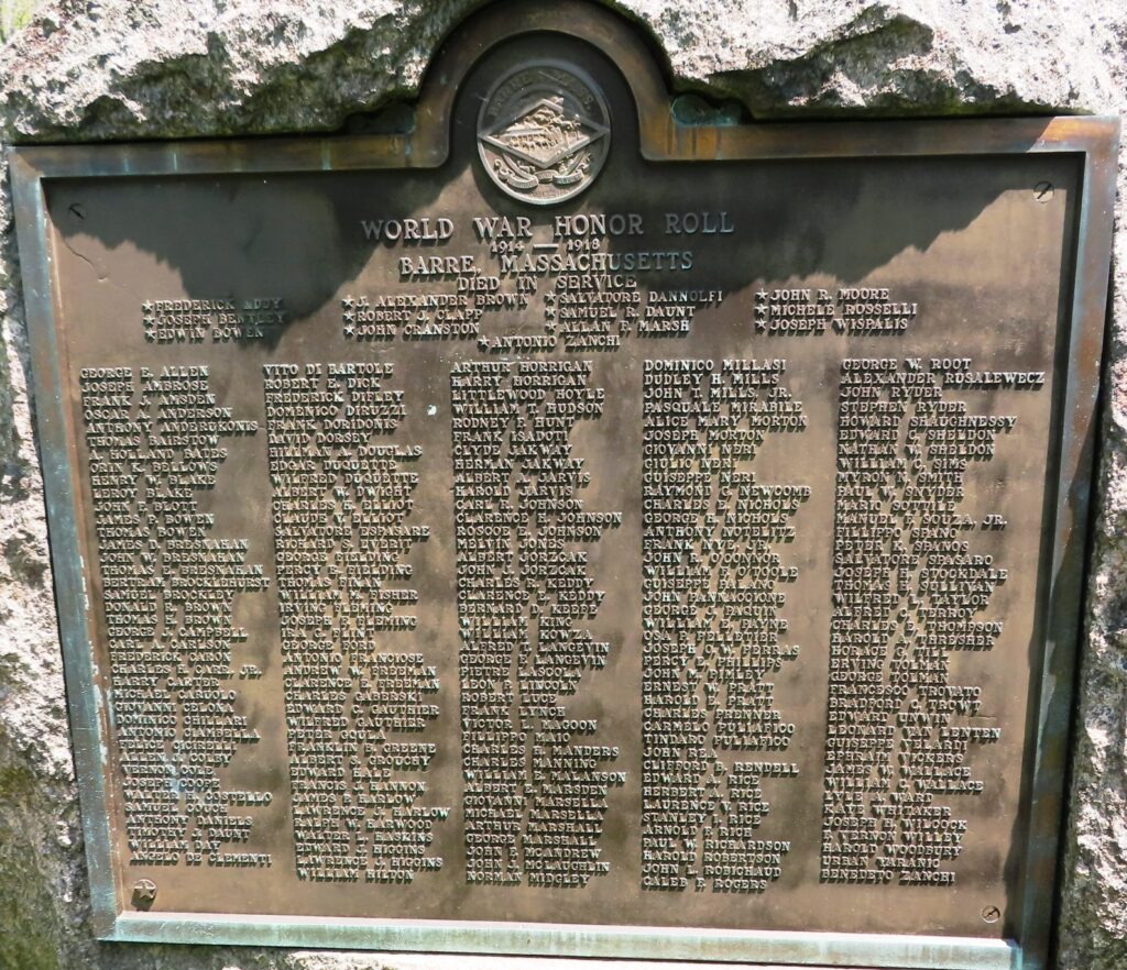 BARRE WORLD WAR HONOR ROLL MEMORIAL PLAQUE