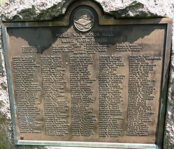 BARRE WORLD WAR HONOR ROLL MEMORIAL PLAQUE