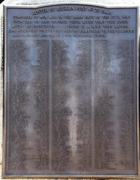 ROSTER OF BUCKLIN POST NO. 20 G.A.R. MEMORIAL PLAQUE