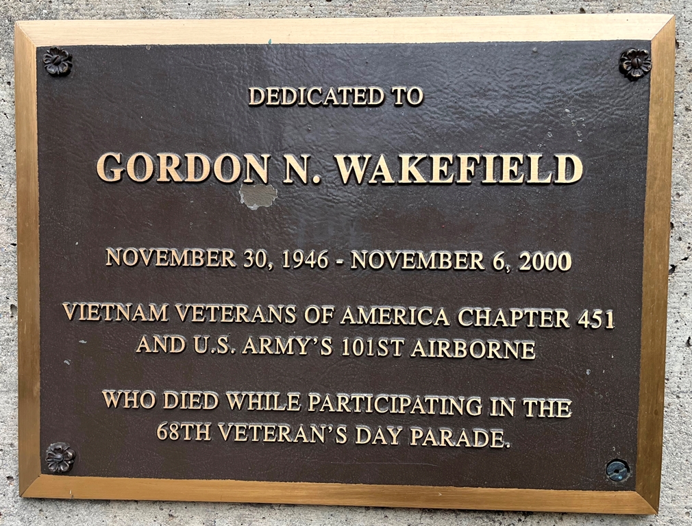 GORDON N. WAKEFIELD WAR MEMORIAL PLAQUE