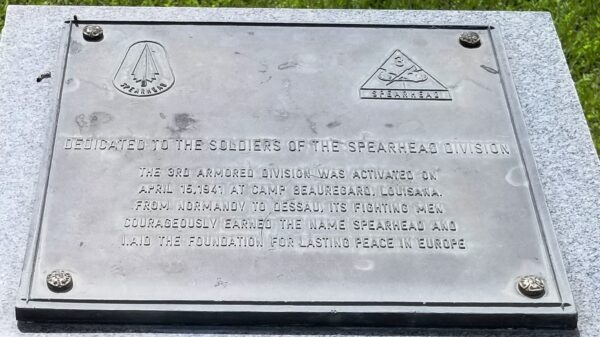 DEDICATED TO THE SOLDIERS OF THE SPEARHEAD DIVISION MEMORIAL PLAQUE