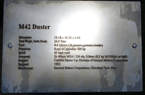 M42 DUSTER WAR MEMORIAL PLAQUE