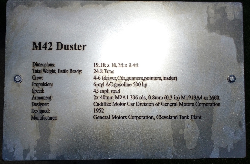 M42 DUSTER WAR MEMORIAL PLAQUE
