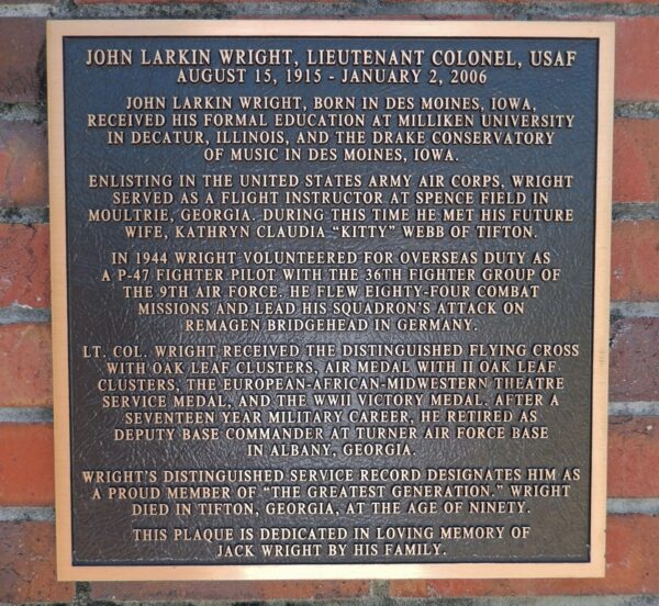 JOHN LARKIN WRIGHT, LIEUTENANT COLONEL, USAF WAR MEMORIAL PLAQUE