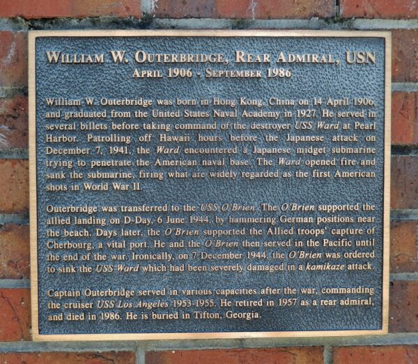 WILLIAM W. OUTERBRIDGE, REAR ADMIRAL, USN WAR MEMORIAL PLAQUE