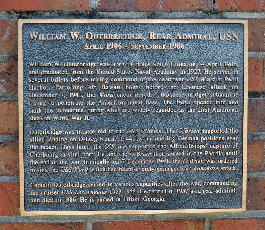WILLIAM W. OUTERBRIDGE, REAR ADMIRAL, USN WAR MEMORIAL PLAQUE