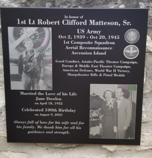 1ST LT ROBERT CLIFFORD MATTESON, SR. WAR MEMORIAL PLAQUE
