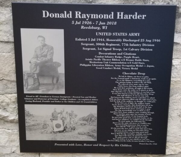 DONALD RAYMOND HARDER WAR MEMORIAL PLAQUE