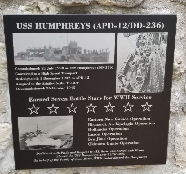 USS HUMPHREYS (APD-12/DD-236) WAR MEMORIAL PLAQUE