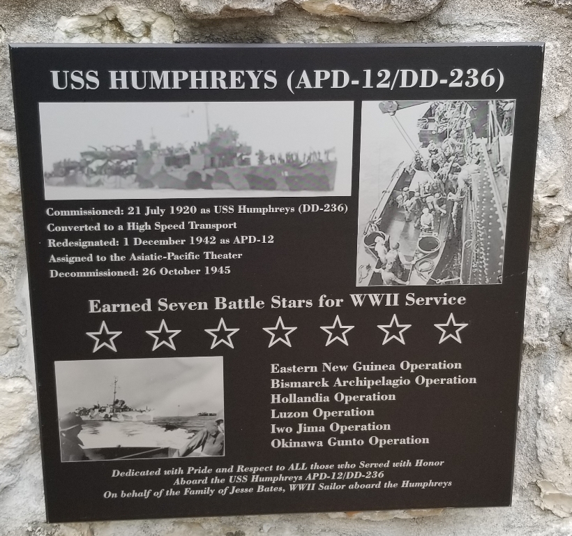 USS HUMPHREYS (APD-12/DD-236) WAR MEMORIAL PLAQUE