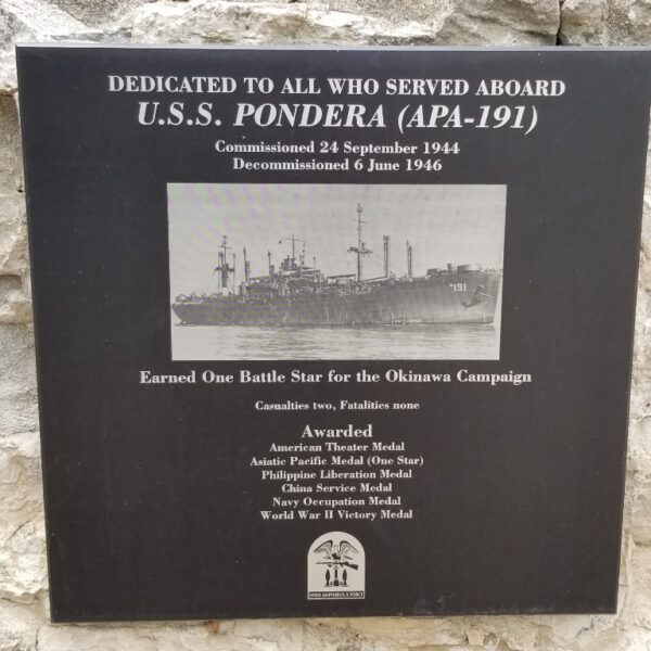 U.S.S. PONDERA (APA-191) WAR MEMORIAL PLAQUE