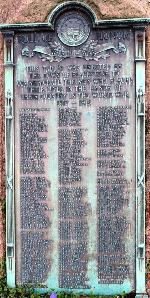 TOWN OF BLACKSTONE WORLD WAR ROLL OF HONOR MEMORIAL PLAQUE
