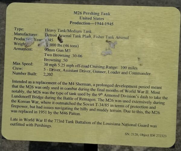 M26 PERSHING TANK MEMORIAL PLAQUE