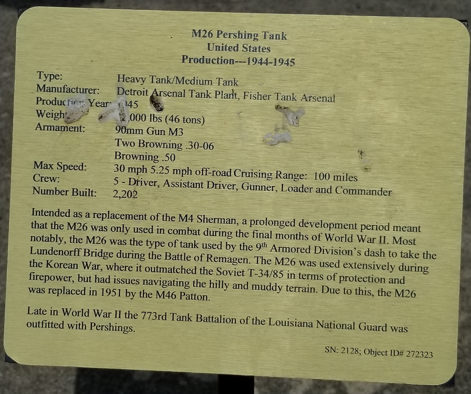 M26 PERSHING TANK MEMORIAL PLAQUE