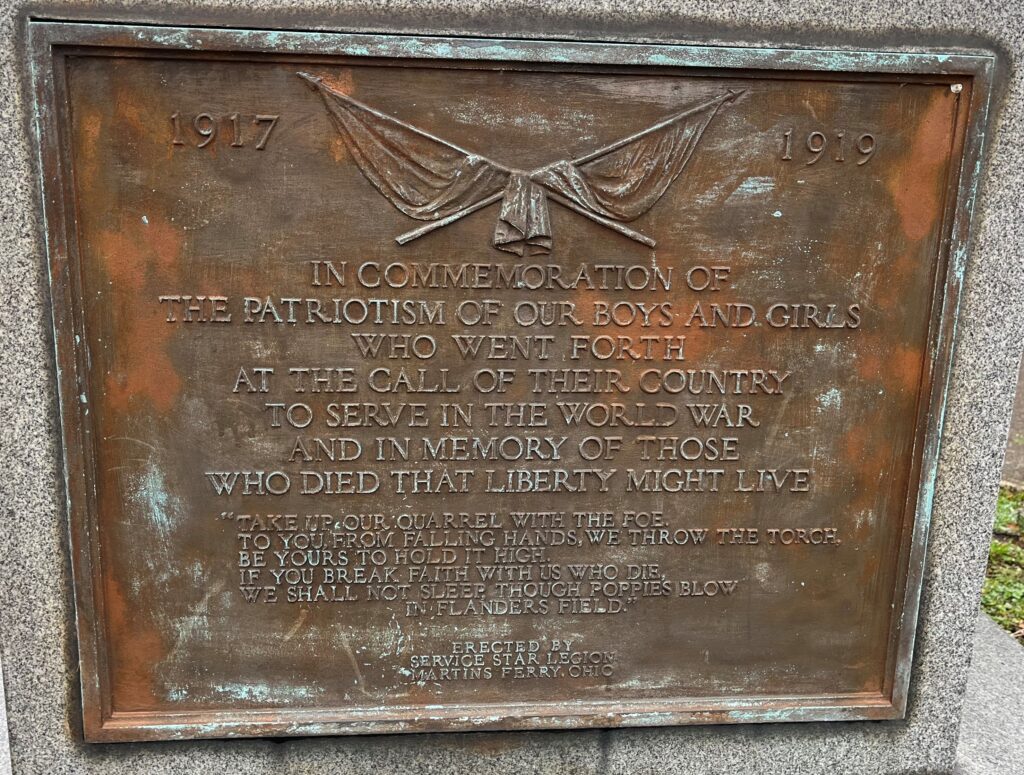 MARTINS FERRY, OHIO STAR LEGION WORLD WAR MEMORIAL PLAQUE