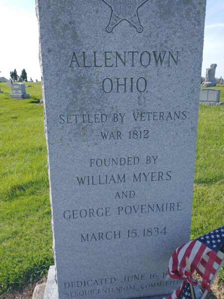 ALLENTOWN OHIO WAR OF 1812 MEMORIAL FRONT