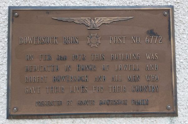 BOWERSOCK BROS. POST NO. 6772 VETERANS WAR MEMORIAL PLAQUE