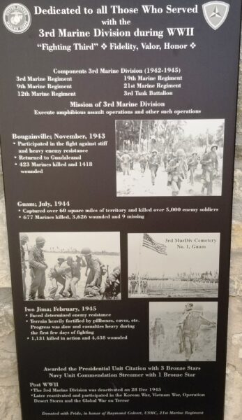 3RD MARINE DIVISION DURING WWII MEMORIAL PLAQUE