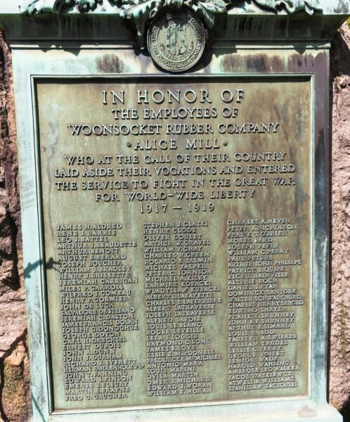 WOONSOCKET RUBBER COMPANY ALICE MILL GREAT WAR MEMORIAL PLAQUE