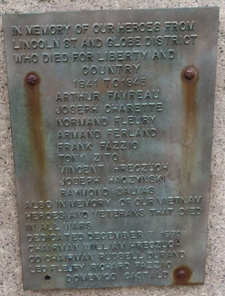 LINCOLN ST AND GLOBE DISTRICT WORLD WAR II MEMORIAL PLAQUE