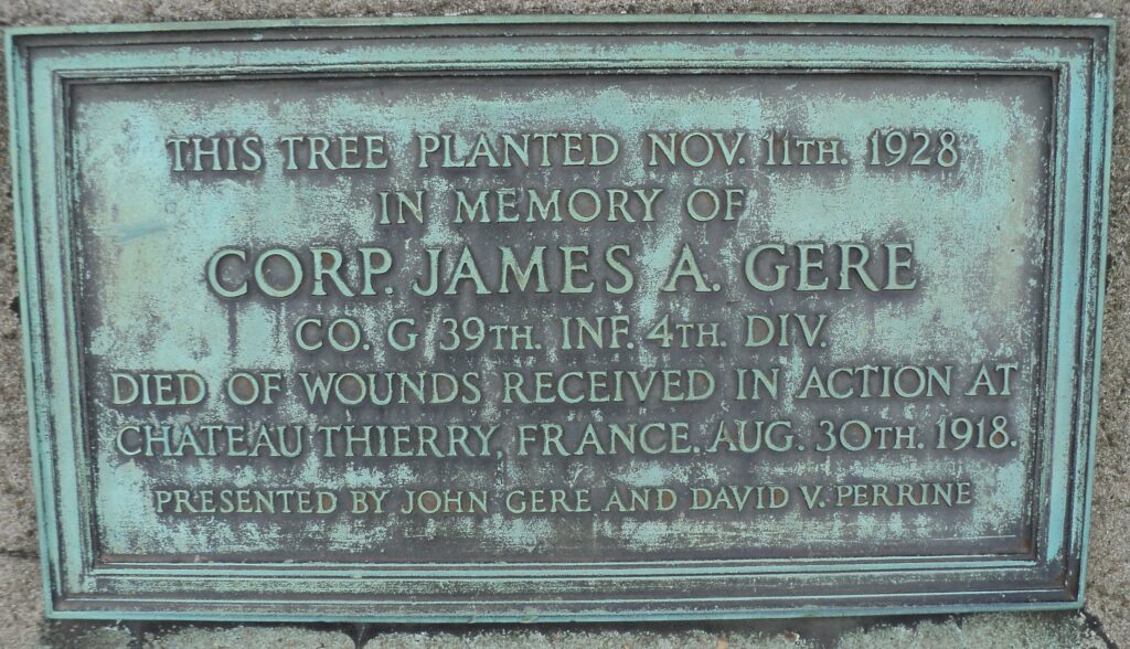 CORP JAMES A. GERE WAR MEMORIAL TREE PLAQUE