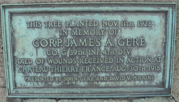 CORP JAMES A. GERE WAR MEMORIAL TREE PLAQUE